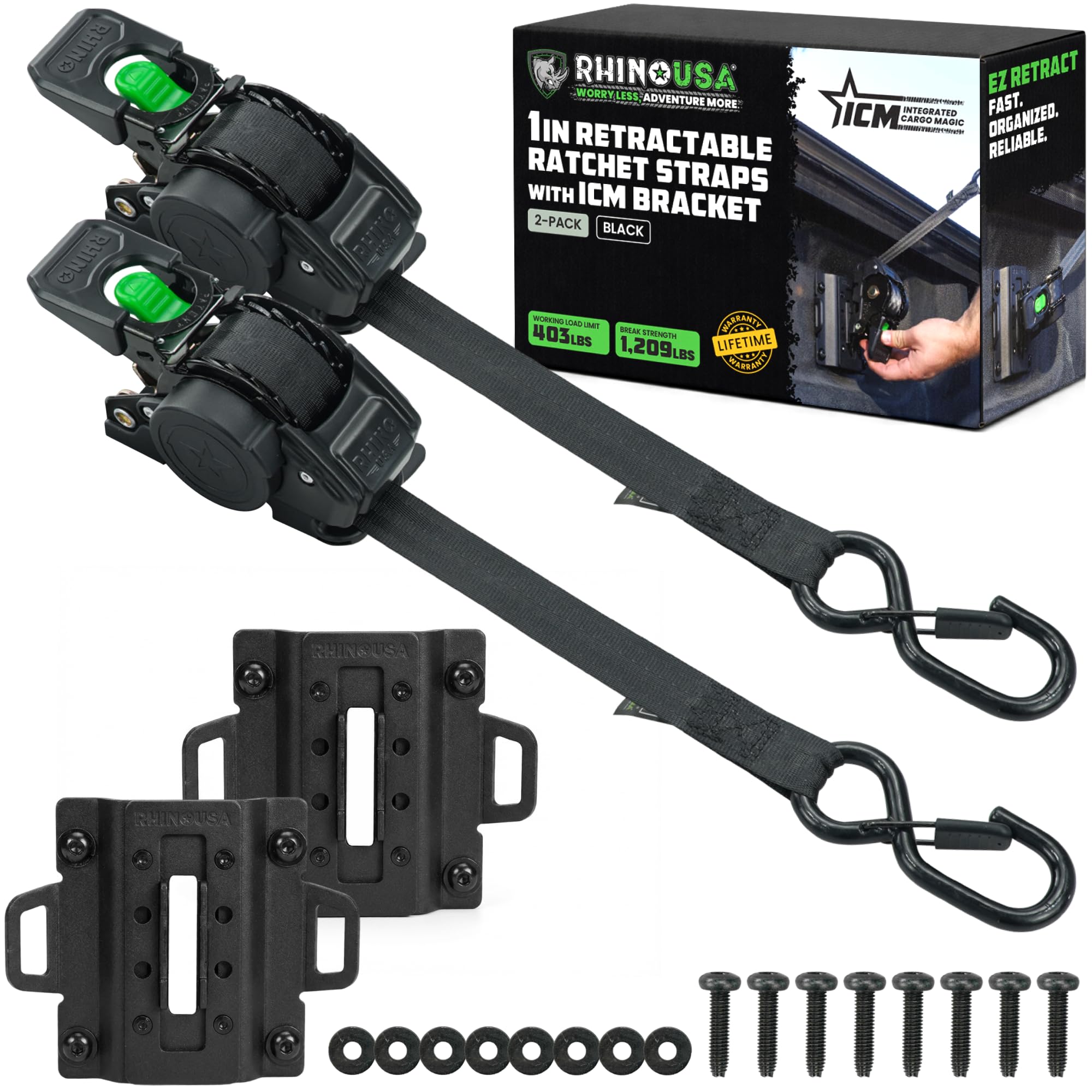 Version 1.0.0 Rhino USA Integrated Cargo Magic Bed-Mounted Retractable Ratchet Straps for Ford Trucks (2015+ F-150 & 2017+ F-250) – BoxLink Compatible, Removable, 360° Swivel, Heavy-Duty Tie Downs - Image 1